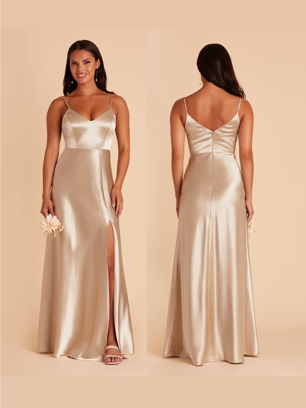 Birdy Grey Jay Maxi Dress M Champagne Satin Bridesmaids Formal Sweetheart Slit